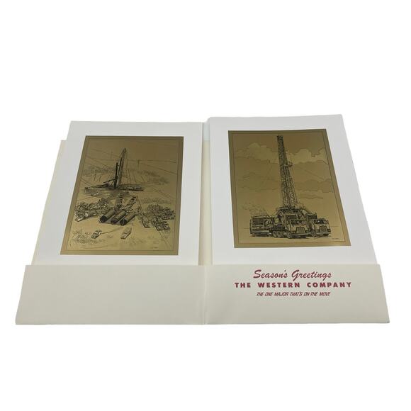 Rare Vintage Oil & Gas Rig Etched Prints Gold Foil Art 2 Prints & Folder - Picture 1 of 8
